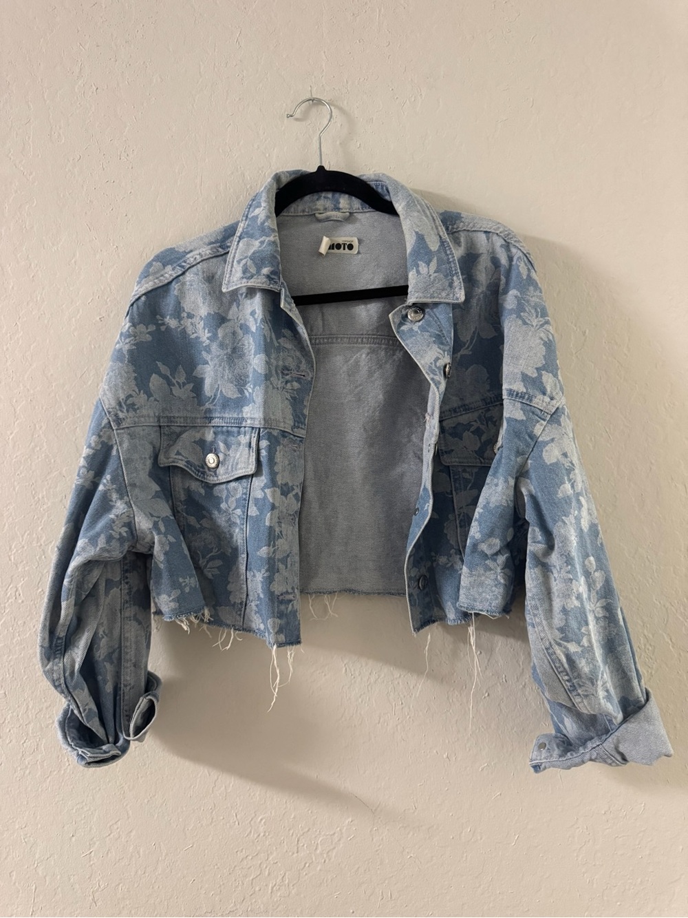 Topshop MOTO Floral Cropped Denim Jacket Size 6
